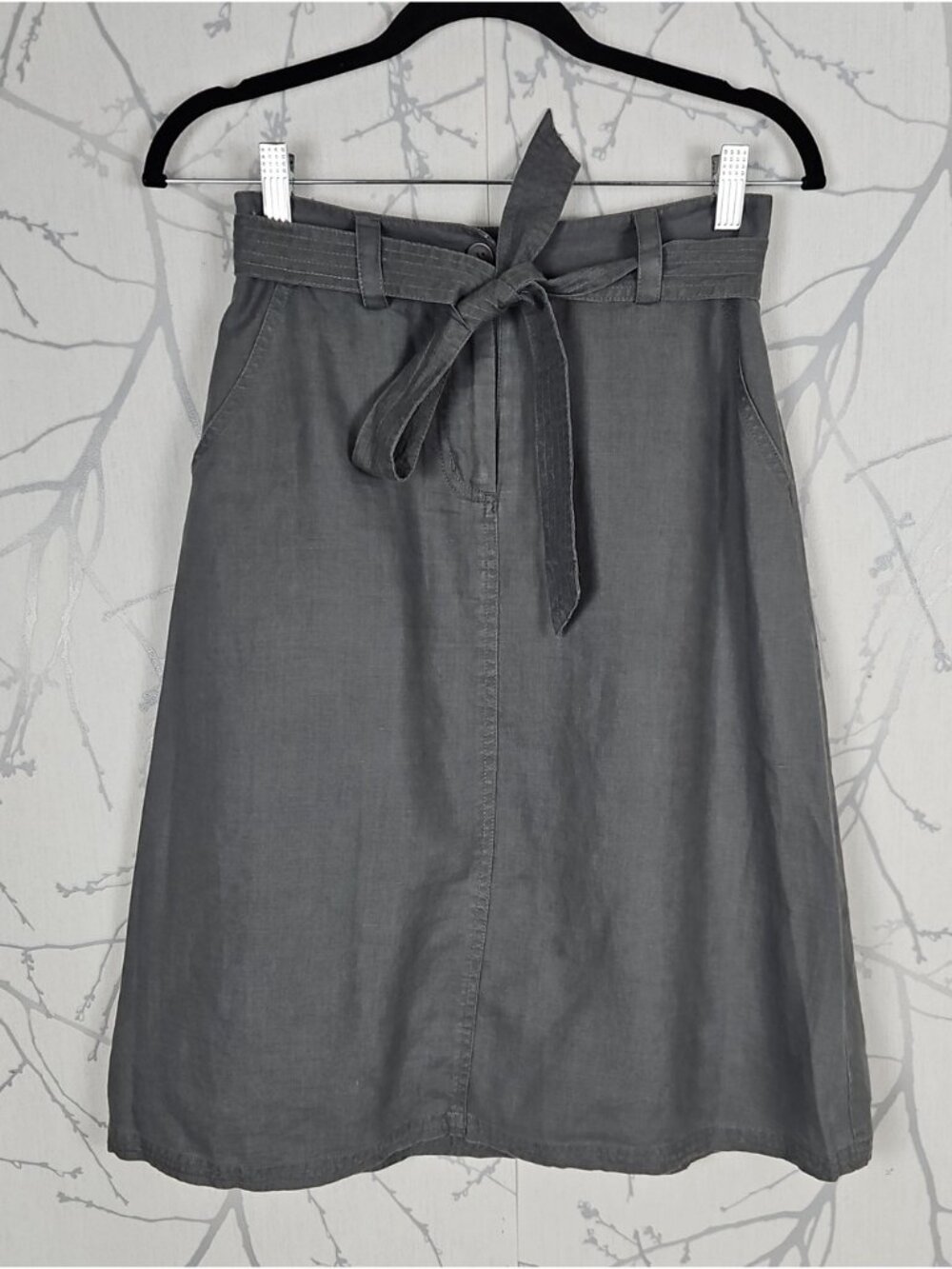Laura Ashley Gray 100% Linen Waist Tie A-Line Midi Skirt